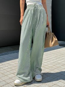 Livesso Women's Elastic Waist Zebra/Stripe Pattern Long Pants Summer - Dark Green - View 5