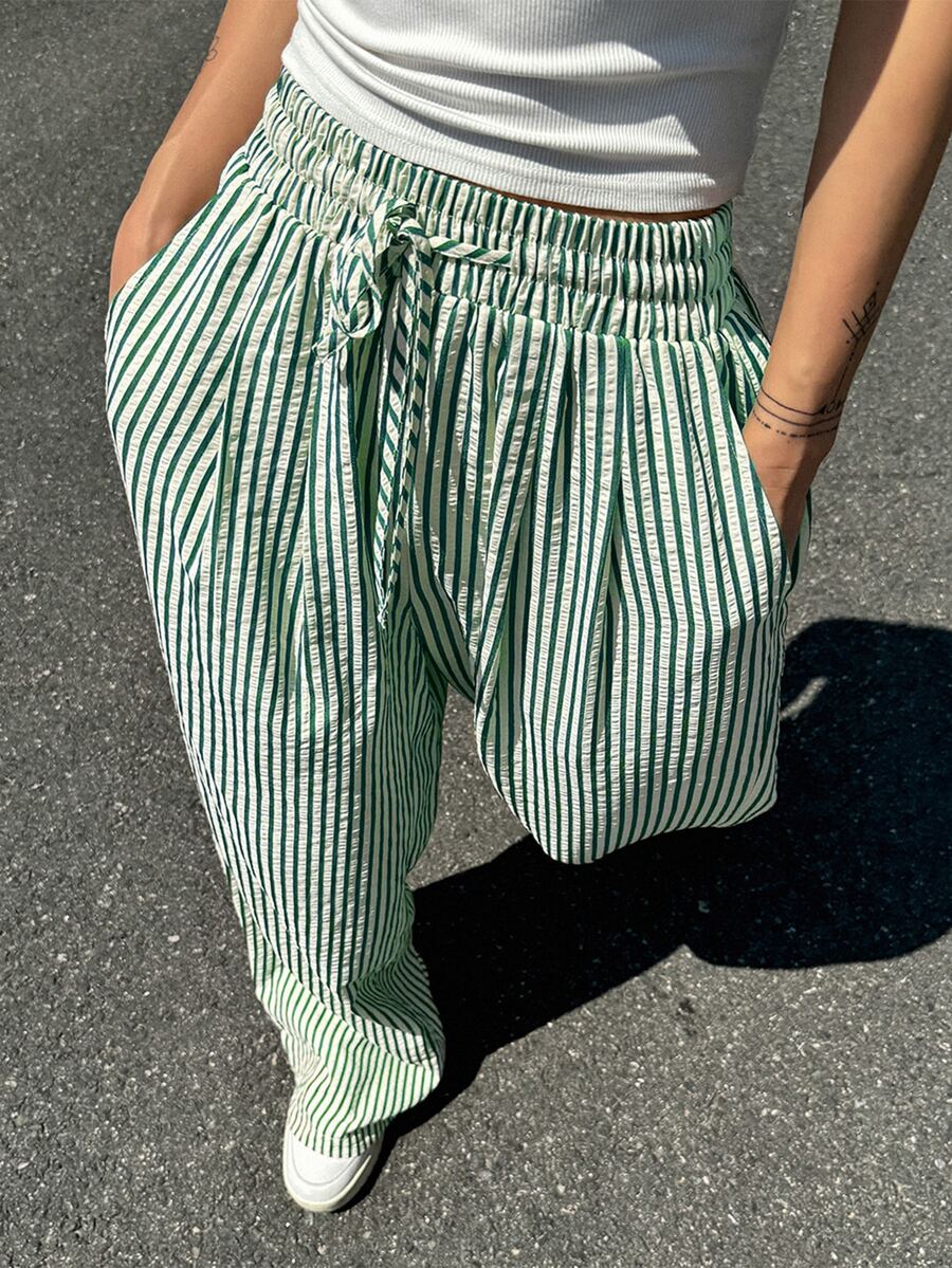 Livesso Women's Elastic Waist Zebra/Stripe Pattern Long Pants Summer - Dark Green - View 1