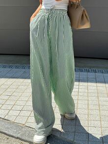 Livesso Women's Elastic Waist Zebra/Stripe Pattern Long Pants Summer - Dark Green - View 3