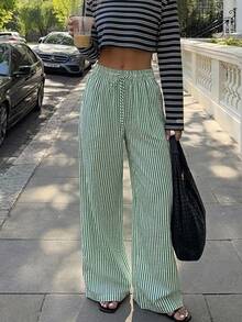 Livesso Women's Elastic Waist Zebra/Stripe Pattern Long Pants Summer - Dark Green - View 6