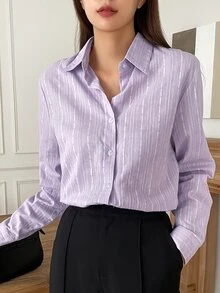 DAZY Women's Solid Color Textured Collar Long Sleeve Casual Business Shirt Summer - Purple - View 9