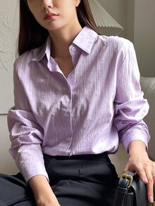 DAZY Women's Solid Color Textured Collar Long Sleeve Casual Business Shirt Summer - Purple - View 5