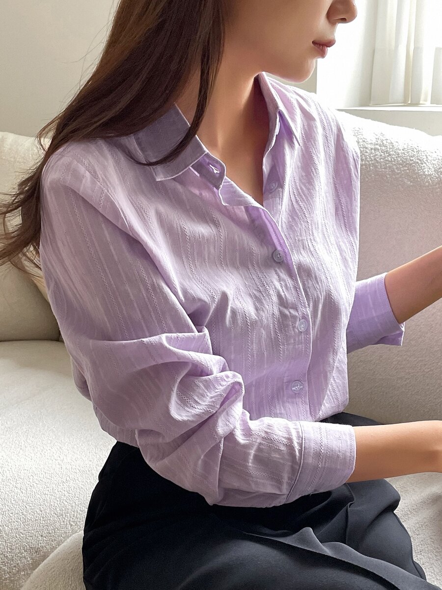 DAZY Women's Solid Color Textured Collar Long Sleeve Casual Business Shirt Summer - Purple - View 1