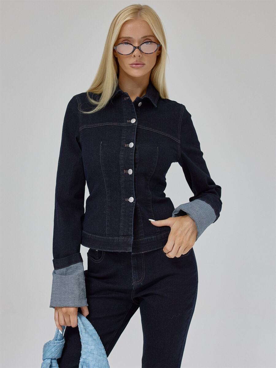 MUSERA Blue Denim Fitted Cuffed Jacket Autumn Winter Fall Daily Everyday Essential Blancs - Blue - View 1