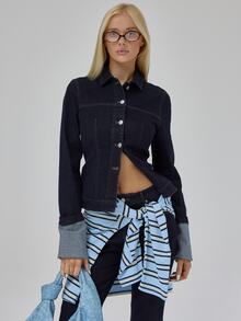 MUSERA Blue Denim Fitted Cuffed Jacket Autumn Winter Fall Daily Everyday Essential Blancs - Blue - View 1