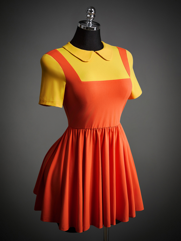 SHEIN ICON Women's Halloween Cosplay Orange-Yellow Peter Pan Retro Colorblock A-Line Costume Goth Cosplay Colorblock Patchwork Mini Dress For Costume Play - Multicolor - View 3