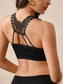 Hourtrue 1Pc Women Wireless Seamless Bra, Butterfly Lace Hollow‑Out Back, Adjustable Straps, Side Coverage, Soft Support Brassiere For Daily Wear - Black - View 1