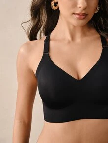 Hourtrue 1Pc Women Wireless Seamless Bra, Butterfly Lace Hollow‑Out Back, Adjustable Straps, Side Coverage, Soft Support Brassiere For Daily Wear - Black - View 7