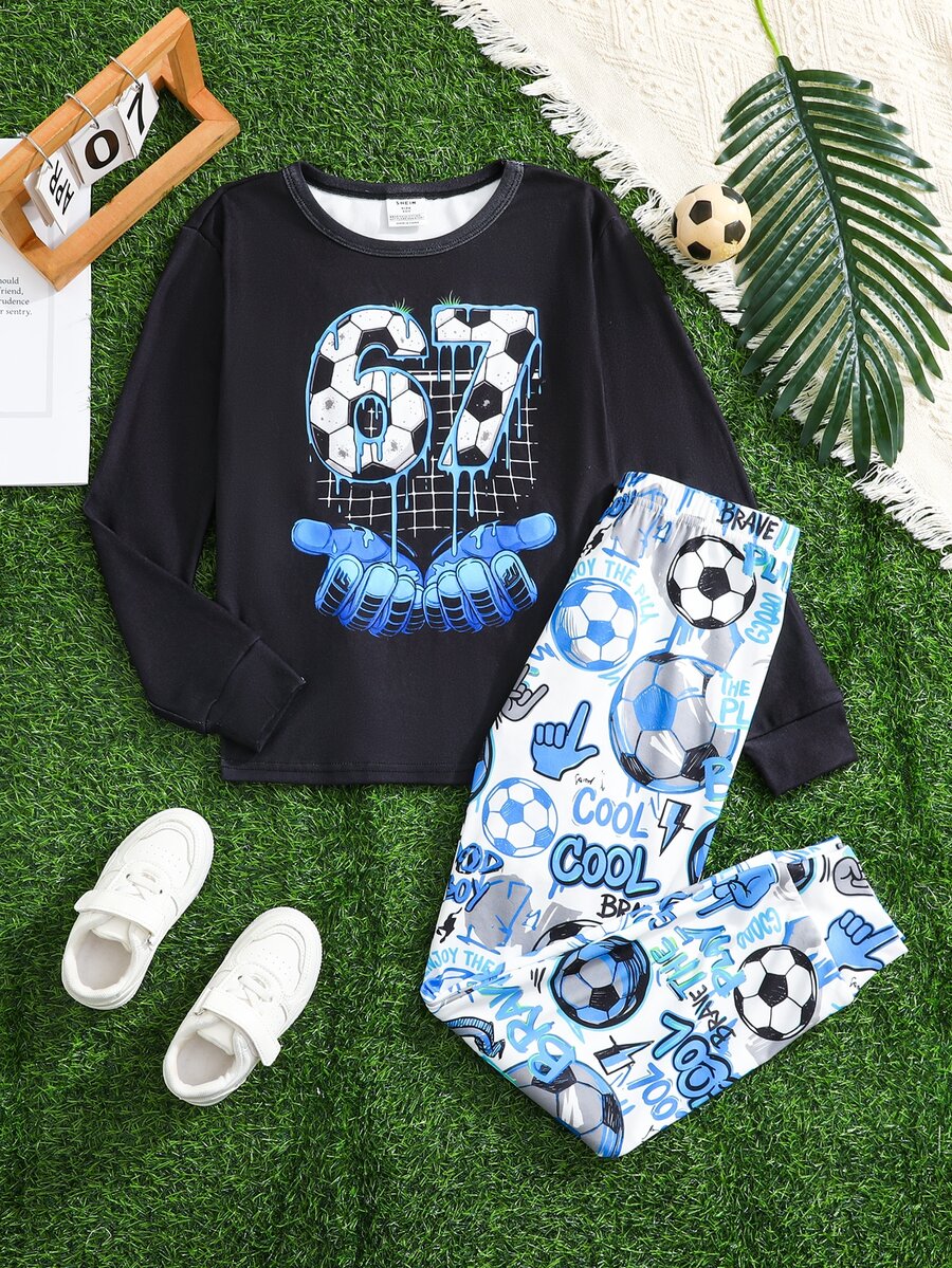 SHEIN Tween Boy Snug Fit Neon Soccer Pattern Crew Neck Long Sleeve Pants Casual Comfortable Tight Fit Home Sleepwear Set 2pcs - Multicolor - View 1