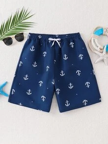 Teen Boy Casual Minimalist Anchor Pattern Loose Swim Shorts, Suitable For Summer Vacation, Beach, Seaside, Swimming Pool - Navy Blue - View 3