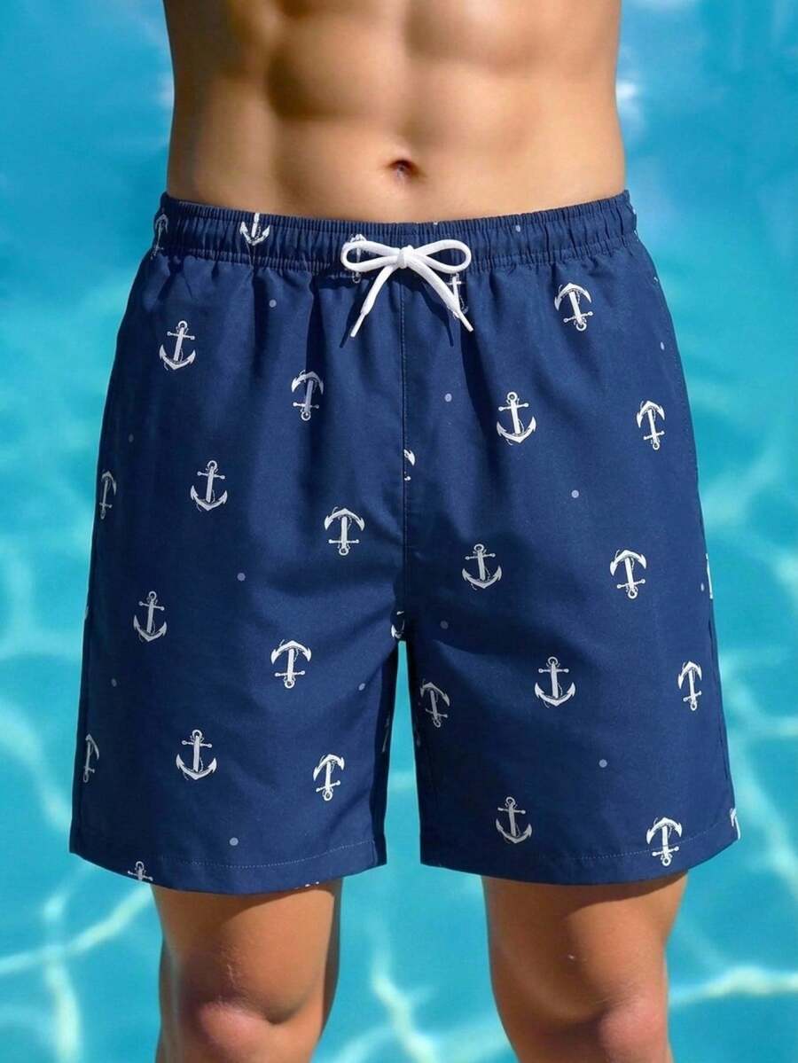 Teen Boy Casual Minimalist Anchor Pattern Loose Swim Shorts, Suitable For Summer Vacation, Beach, Seaside, Swimming Pool - Navy Blue - View 1