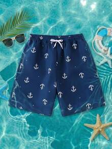 Teen Boy Casual Minimalist Anchor Pattern Loose Swim Shorts, Suitable For Summer Vacation, Beach, Seaside, Swimming Pool - Navy Blue - View 2