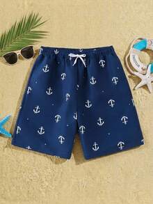 Teen Boy Casual Minimalist Anchor Pattern Loose Swim Shorts, Suitable For Summer Vacation, Beach, Seaside, Swimming Pool - Navy Blue - View 5