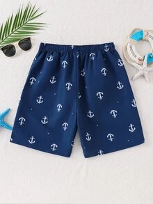 Teen Boy Casual Minimalist Anchor Pattern Loose Swim Shorts, Suitable For Summer Vacation, Beach, Seaside, Swimming Pool - Navy Blue - View 4