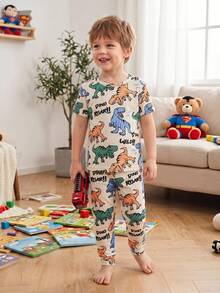 SHEIN Snug Fit Cute Cartoon Dinosaur Pattern Two-Piece Bodycon Pajama Set For Boys, With Tapered Cuffs On The Pants. - Multicolor - View 2