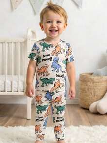 SHEIN Snug Fit Cute Cartoon Dinosaur Pattern Two-Piece Bodycon Pajama Set For Boys, With Tapered Cuffs On The Pants. - Multicolor - View 4