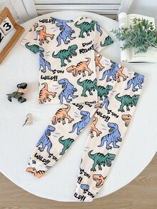 SHEIN Snug Fit Cute Cartoon Dinosaur Pattern Two-Piece Bodycon Pajama Set For Boys, With Tapered Cuffs On The Pants. - Multicolor - View 6