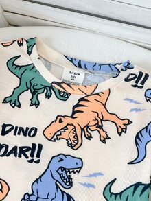 SHEIN Snug Fit Cute Cartoon Dinosaur Pattern Two-Piece Bodycon Pajama Set For Boys, With Tapered Cuffs On The Pants. - Multicolor - View 3
