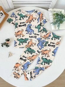 SHEIN Snug Fit Cute Cartoon Dinosaur Pattern Two-Piece Bodycon Pajama Set For Boys, With Tapered Cuffs On The Pants. - Multicolor - View 1
