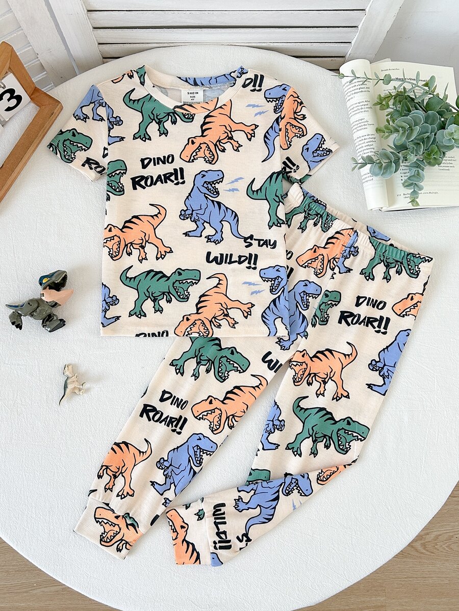 SHEIN Snug Fit Cute Cartoon Dinosaur Pattern Two-Piece Bodycon Pajama Set For Boys, With Tapered Cuffs On The Pants. - Multicolor - View 1