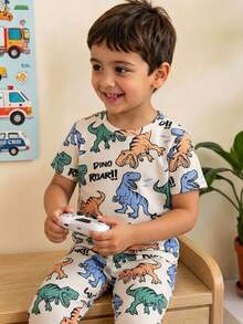 SHEIN Snug Fit Cute Cartoon Dinosaur Pattern Two-Piece Bodycon Pajama Set For Boys, With Tapered Cuffs On The Pants. - Multicolor - View 5