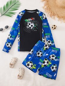 SHEIN 2件組青少年男孩休閒度假足球紮染塗鴉滿版印花長袖上衣與短褲泳裝套裝，適合海灘、度假、泳池派對，春/夏/四季皆宜 - 彩色 - 查看 3