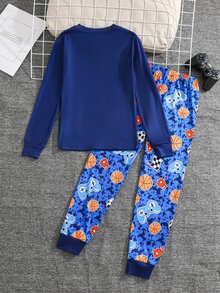 SHEIN Set Piyama Rumahan Kasual Nyaman untuk Anak Laki-laki Remaja, Model Colorblock Motif Sepak Bola, Kerah Bulat, Lengan Panjang, dan Celana Panjang, 2 Potong - MultiWarna - View 2