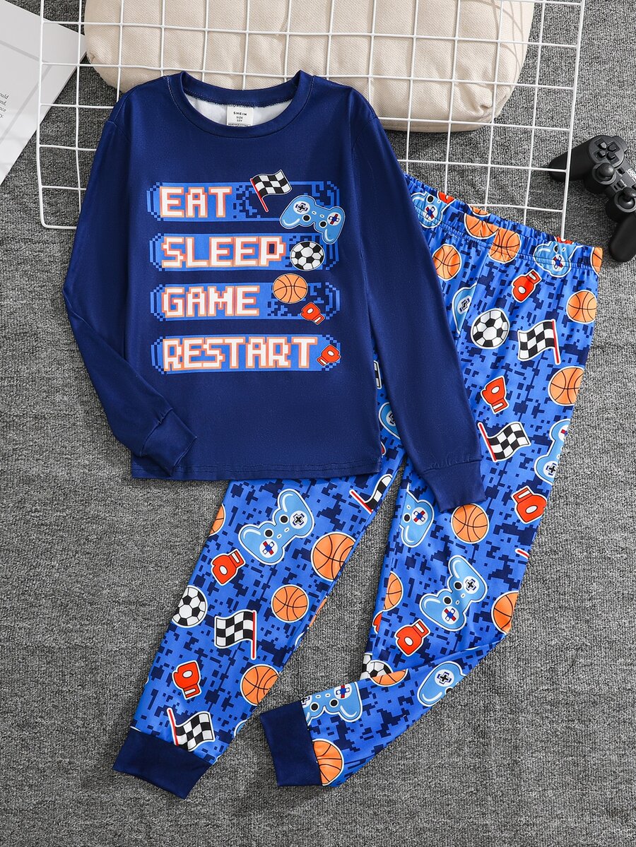 SHEIN Set Piyama Rumahan Kasual Nyaman untuk Anak Laki-laki Remaja, Model Colorblock Motif Sepak Bola, Kerah Bulat, Lengan Panjang, dan Celana Panjang, 2 Potong - MultiWarna - View 1