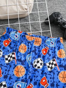 SHEIN Set Piyama Rumahan Kasual Nyaman untuk Anak Laki-laki Remaja, Model Colorblock Motif Sepak Bola, Kerah Bulat, Lengan Panjang, dan Celana Panjang, 2 Potong - MultiWarna - View 5