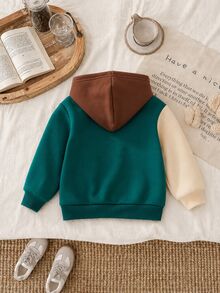 SHEIN Baby Boy Letter Pattern Colorblock Patchwork Crew Neck Hooded Long Sleeve Pullover Autumn Sweatshirt Casual Versatile - Multicolor - View 2