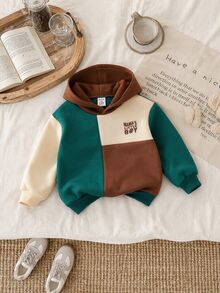 SHEIN Baby Boy Letter Pattern Colorblock Patchwork Crew Neck Hooded Long Sleeve Pullover Autumn Sweatshirt Casual Versatile - Multicolor - View 1