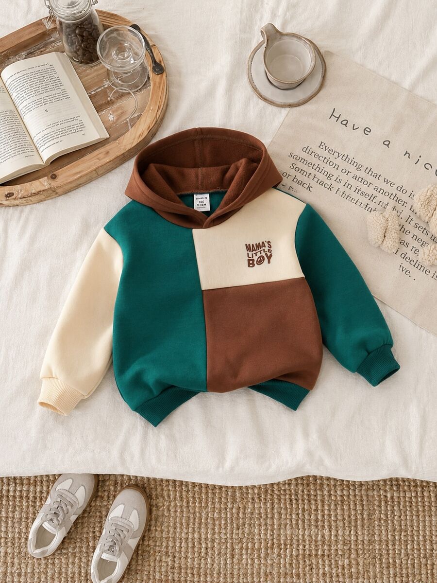 SHEIN Baby Boy Letter Pattern Colorblock Patchwork Crew Neck Hooded Long Sleeve Pullover Autumn Sweatshirt Casual Versatile - Multicolor - View 1