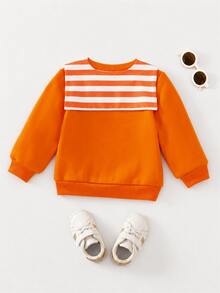 SHEIN Sudadera para bebé niño de otoño/invierno con cuello redondo, patchwork de punto, 2 en 1, bloques de color y estampado a rayas - Naranja - Ver 2
