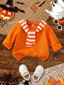 SHEIN Sudadera para bebé niño de otoño/invierno con cuello redondo, patchwork de punto, 2 en 1, bloques de color y estampado a rayas - Naranja - Ver 1