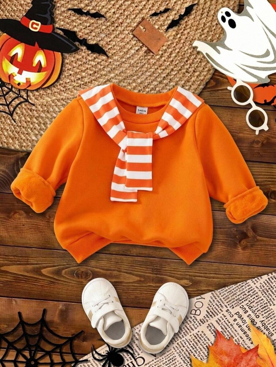 SHEIN Sudadera para bebé niño de otoño/invierno con cuello redondo, patchwork de punto, 2 en 1, bloques de color y estampado a rayas - Naranja - Ver 1