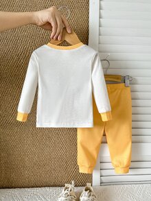 SHEIN Baby Boy Autumn/Winter Fashion Minimalist Comfortable Cute Animal Print Fitted Pajama Set, 2 Pieces,Snug Fit - Yellow - View 4