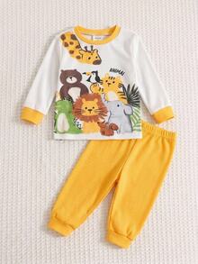 SHEIN Baby Boy Autumn/Winter Fashion Minimalist Comfortable Cute Animal Print Fitted Pajama Set, 2 Pieces,Snug Fit - Yellow - View 3
