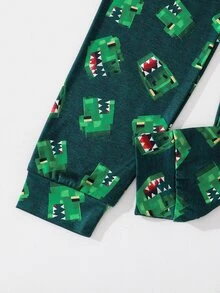 SHEIN Setelan 2 Potong Pas Badan untuk Anak Laki-Laki: Motif Dinosaurus Hijau Mission, Kerah Bulat, Lengan Panjang, dan Celana, Pakaian Tidur Rumahan Kasual dan Nyaman. - MultiWarna - View 5