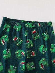 SHEIN Setelan 2 Potong Pas Badan untuk Anak Laki-Laki: Motif Dinosaurus Hijau Mission, Kerah Bulat, Lengan Panjang, dan Celana, Pakaian Tidur Rumahan Kasual dan Nyaman. - MultiWarna - View 4