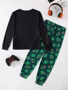 SHEIN Setelan 2 Potong Pas Badan untuk Anak Laki-Laki: Motif Dinosaurus Hijau Mission, Kerah Bulat, Lengan Panjang, dan Celana, Pakaian Tidur Rumahan Kasual dan Nyaman. - MultiWarna - View 2