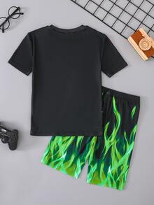 Dozemod 儿童青少年男童紧身夜光游戏手柄图案圆领短袖短裤柔软亲肤紧身睡衣套装，2 件装 - 黑色 - 查看 2
