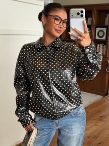 Muchica 女款黑白波點人造皮革夾克，休閒美式風格寬鬆拉鍊 PU 機車外套，時尚 Y2K 秋季日常街頭穿搭 - 黑色 - 查看 6