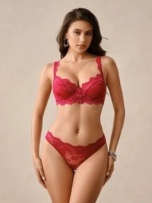 Hourtrue Women's Burgundy Floral Lace Sheer Mesh Underwire Bra Set, Unlined Lingerie 2 Pieces Set - Red - View 1