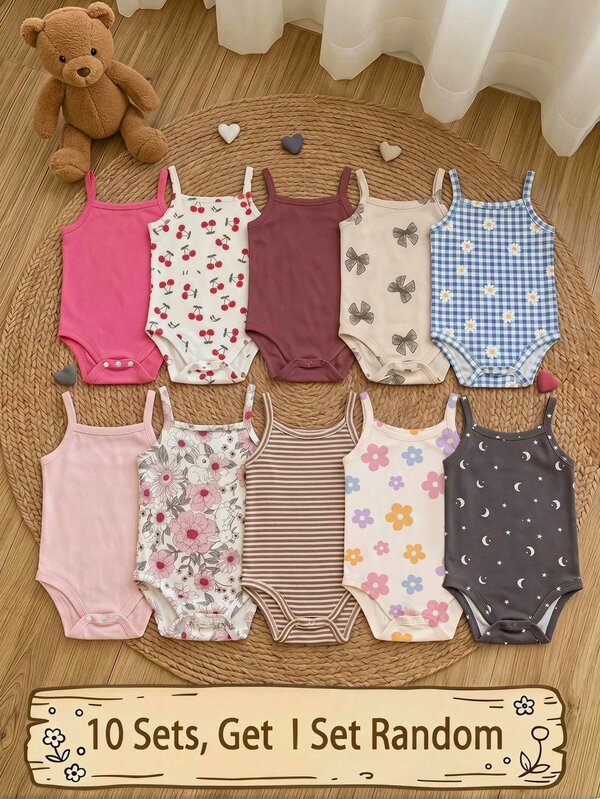 Baby Girl Casual Cute Printed Romper, Colorful Floral Pattern, Spaghetti Strap Bodysuit Suitable For Spring Summer Autumn Winter, Kawaii, Chill Chill, Cute, Squishy, Easy Comfort