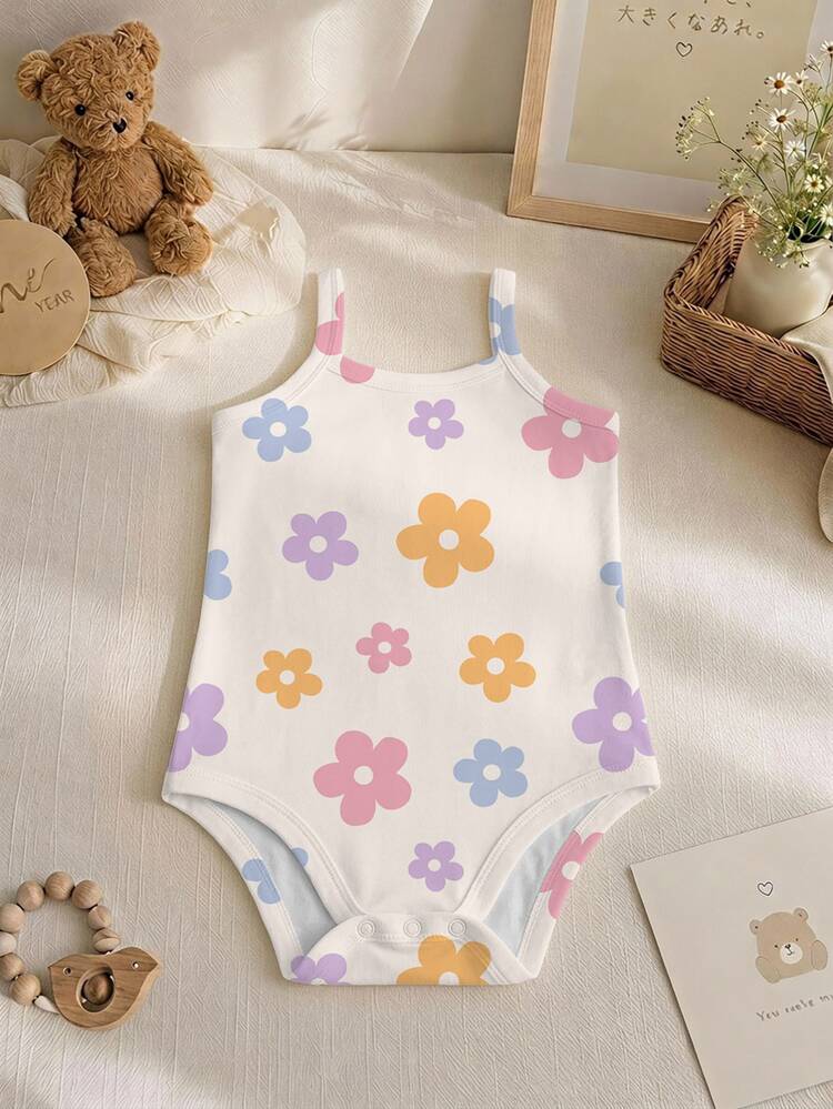 Baby Girl Casual Cute Printed Romper, Colorful Floral Pattern, Spaghetti Strap Bodysuit Suitable For Spring Summer Autumn Winter, Kawaii, Chill Chill, Cute, Squishy, Easy Comfort - Multicolor - View 3
