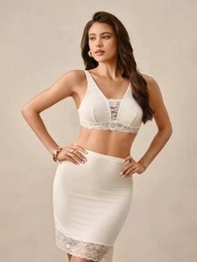 Hourtrue 1pc Solid Color Casual Women's Bra With Lace Patchwork, Sexy, Wire-Free Comfortable Minimalist Sports Bra - White - View 3