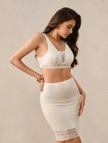 Hourtrue 1pc Solid Color Casual Women's Bra With Lace Patchwork, Sexy, Wire-Free Comfortable Minimalist Sports Bra - White - View 6