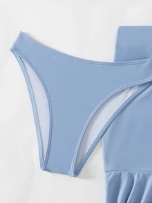 SHEIN Swim Women's Sexy Solid Color Bikini Set With Crossed Chest And Underwire, 3pcs/Set With Cover Up Skirt And Shirt Summer - Blue - View 8