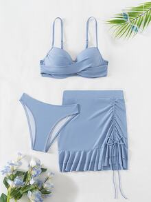SHEIN Swim Women's Sexy Solid Color Bikini Set With Crossed Chest And Underwire, 3pcs/Set With Cover Up Skirt And Shirt Summer - Blue - View 5