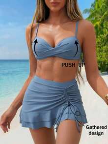 SHEIN Swim Women's Sexy Solid Color Bikini Set With Crossed Chest And Underwire, 3pcs/Set With Cover Up Skirt And Shirt Summer - Blue - View 1
